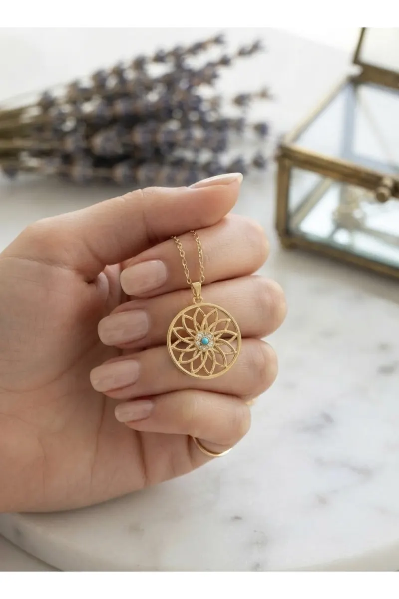 316L Çelik Zincir Gold Renk Mavi Taşlı Lotus Model Kolye