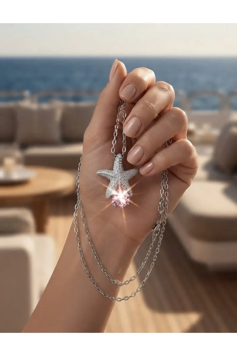 Gümüş Renk Zincirli Parlak Gül Pembe Taşlı Çelik Kolye