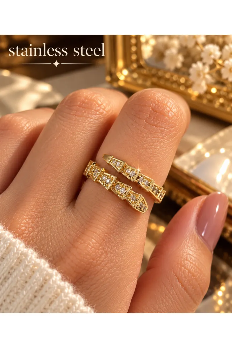 Gold Renk Zirkon Taşlı Yılan Tasarım Ayarlanabilir Çelik Yüzük