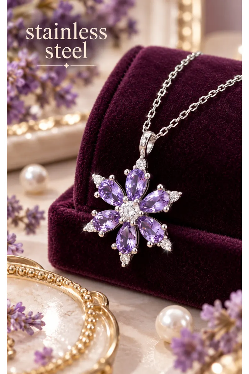 Gümüş Renk Lila Taşlı Lotus Kamelya Model Çelik Kolye