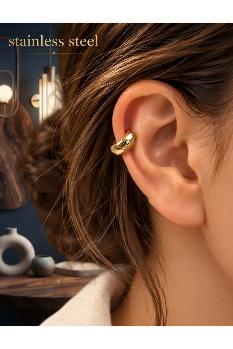 Gold Renk Düz Parlak Cuff 6 Mm Kıkırdak Çelik Küpe