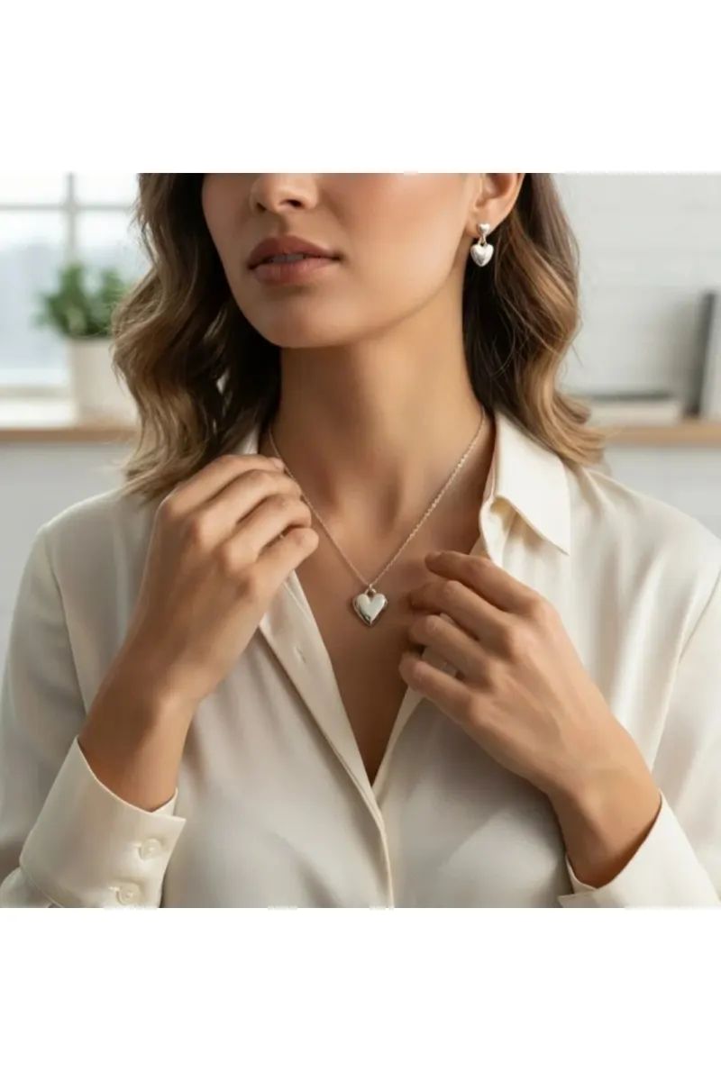 Gümüş Renk Çelik Minimal Kalp Kolye Küpe Set