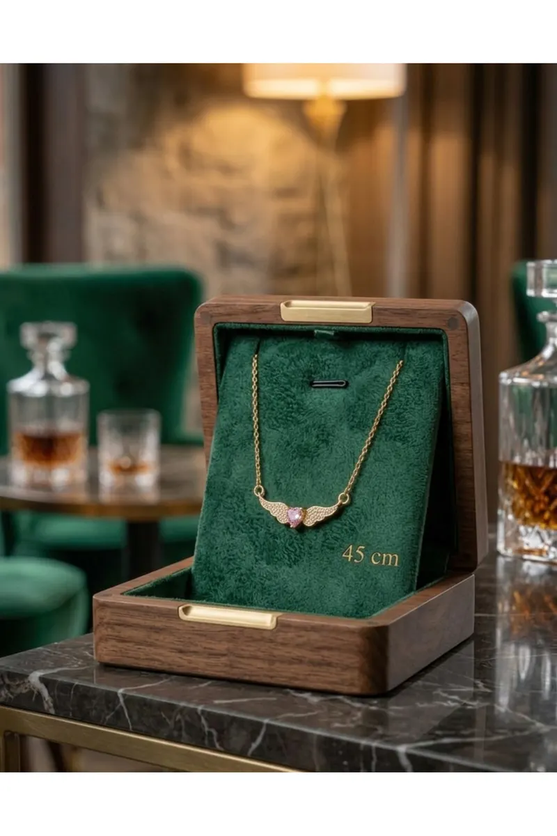 316L Çelik Zincir Gold Renk Kanatlı Pembe Kalp Model Kolye