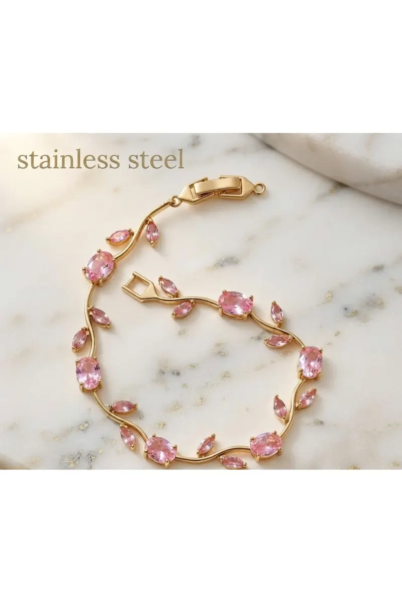 Gold Renk Pembe Renkli Zirkon Taşlı Lale Çelik Bileklik