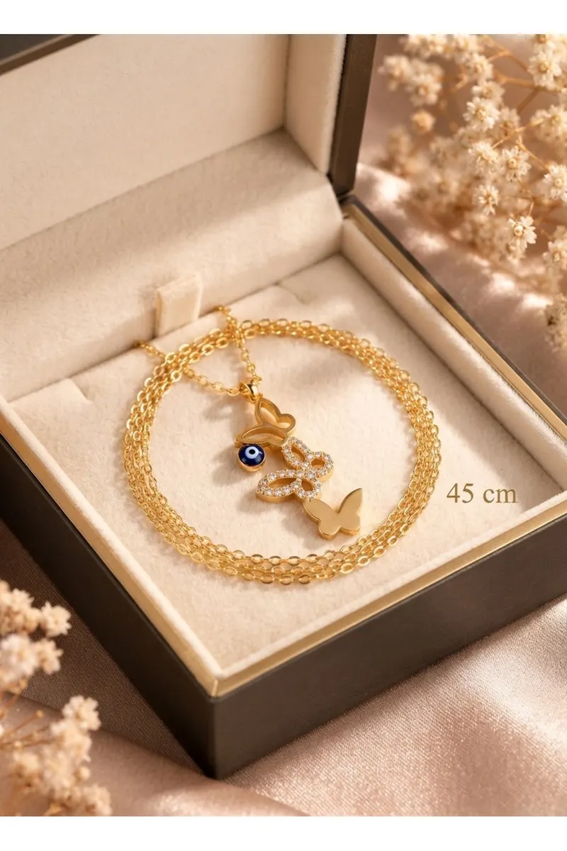 Gold Renk Üç Kelebek Model Nazar Boncuklu Zirkon Taşlı Çelik Kolye