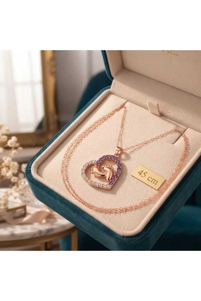 Gold Renk Kalp ve Bebek Ayak İzi Model Mor Beyaz Zirkon Taşlı Çelik Kolye