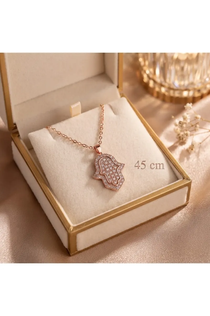Zirkon Taşlı Rose Kaplama Fatma Ana Eli Çelik Kolye