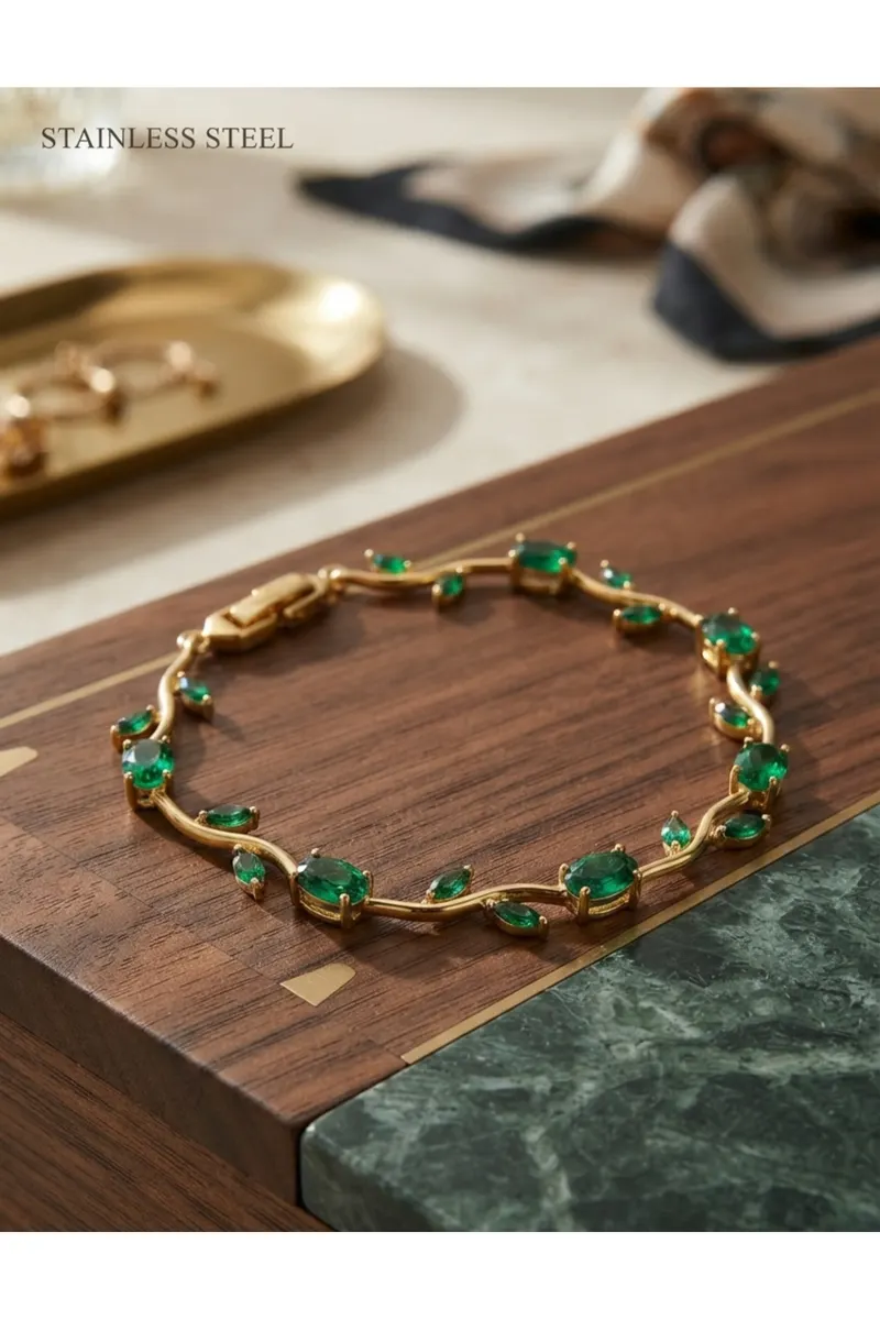 Gold Renk Yeşil Zirkon Taşlı Lale Çelik Bileklik