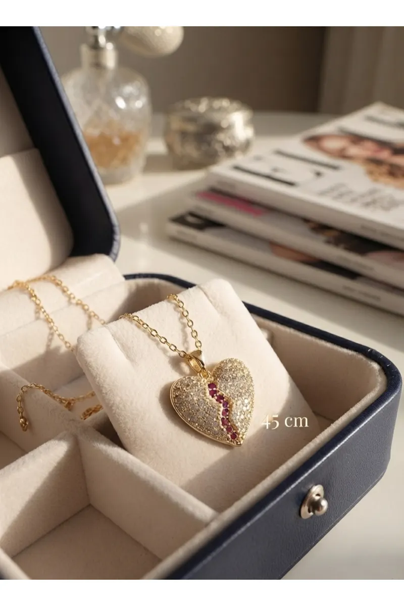 316L Çelik Gold Renk Zincir Zirkon Taşlı Kırık Kalp Model Kadın Kolye