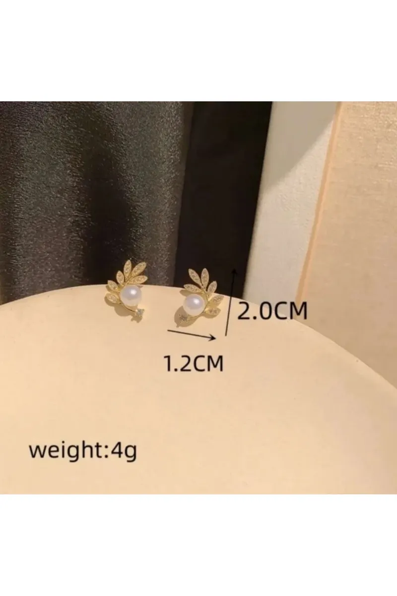 316L Gold Renk Yaprak Tasarım Zirkon Taşlı İncili Antialerjik Çelik Küpe