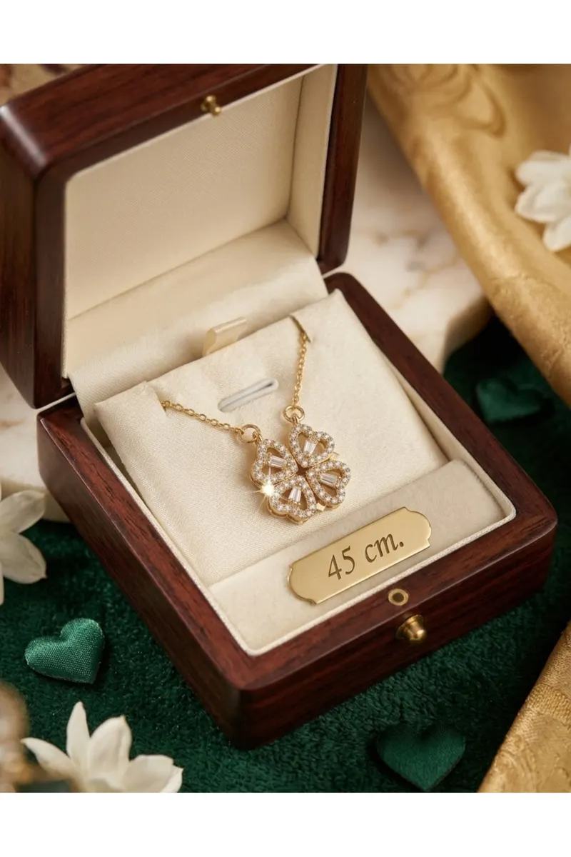 316L Çelik Zincir Gold Renk Açılır Zirkon Taşlı Yonca Model Kolye