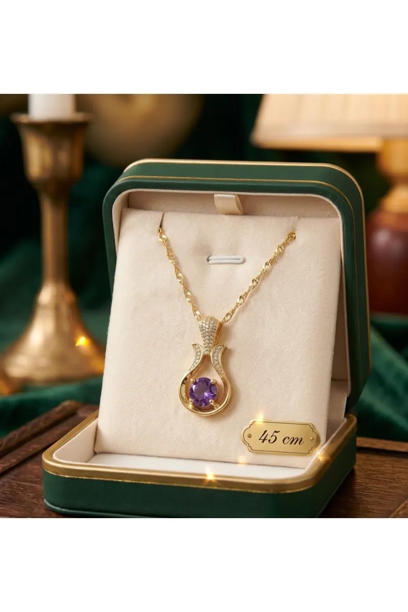 Gold Renk Zincirli Lila Taş Saz Model Kararmaz Çelik Kolye