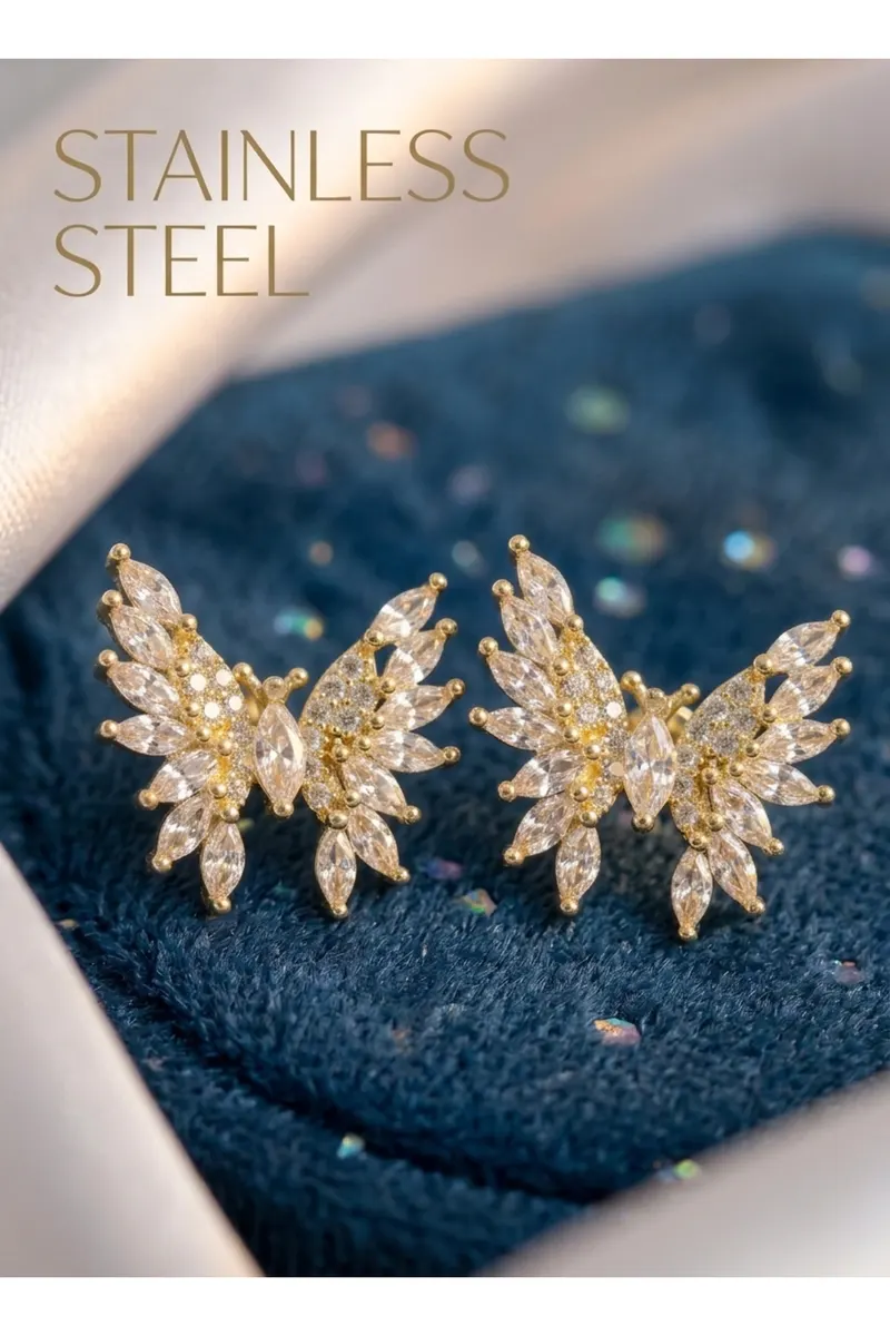 Pirinç Gold Renk Zirkon Taşlı Kelebek Model Küpe