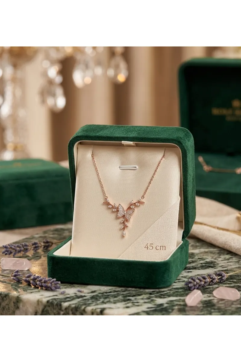Zirkon Taşlı Kelebek Tasarım Rose-gold Kararmaz Kaplı Çelik Kolye