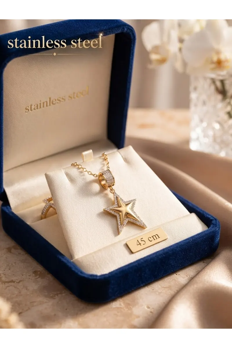 316L Çelik Zincir Gold Renk Zirkon Taşlı Büyük Yıldız Model Kolye