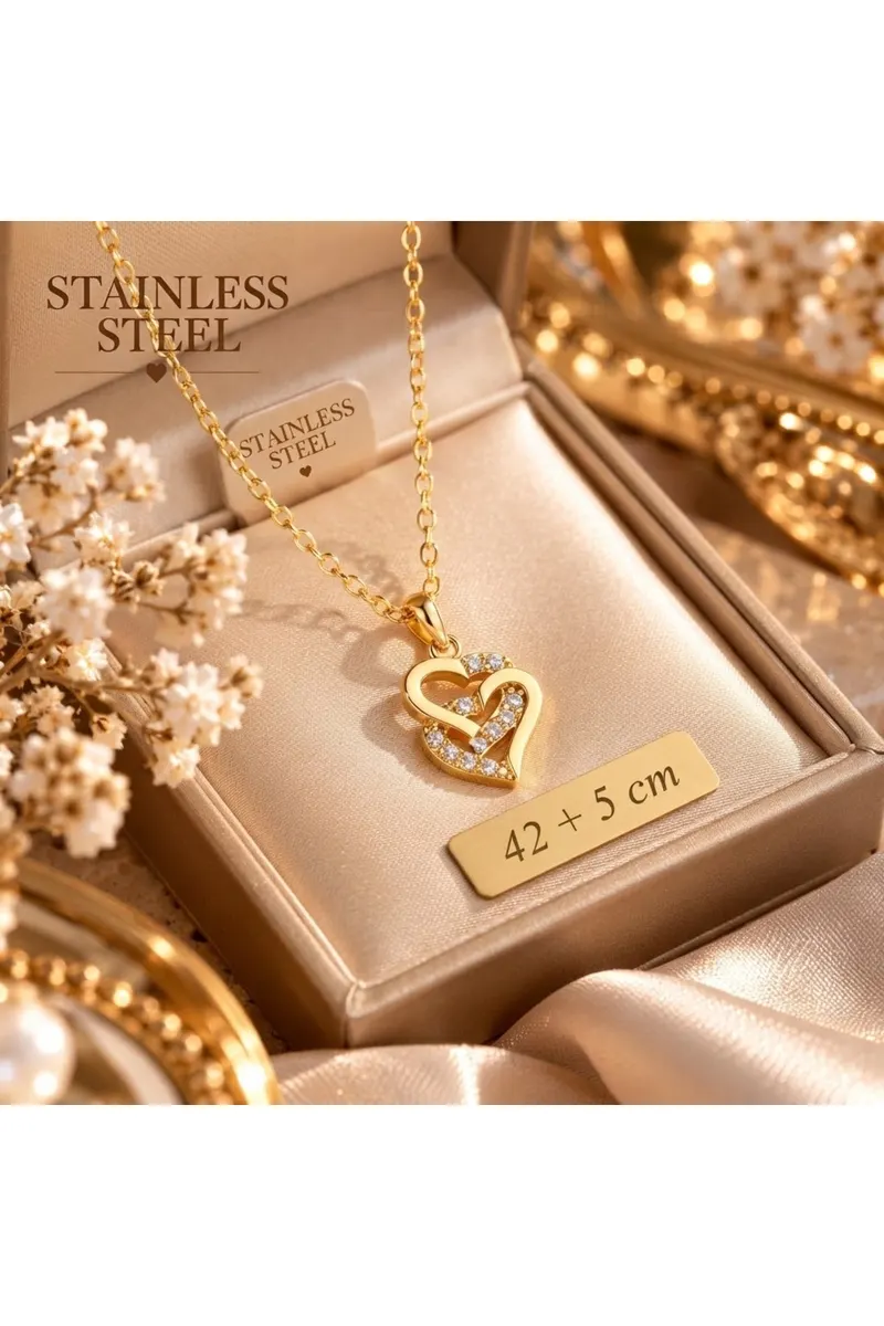 Gold Renk Minimal Kalp Tasarımlı Zirkon Taşlı Çelik Kolye