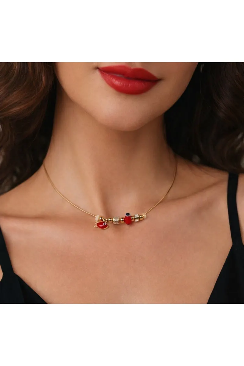 Gold Renk Kırmızı Mineli Balık Model Zirkon Çelik Kolye