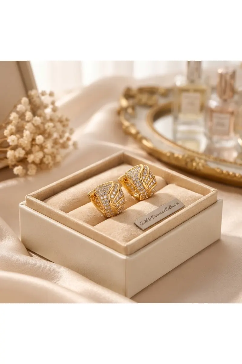 Gold Renk Zirkon Taşlı 2'li Çelik Küpe