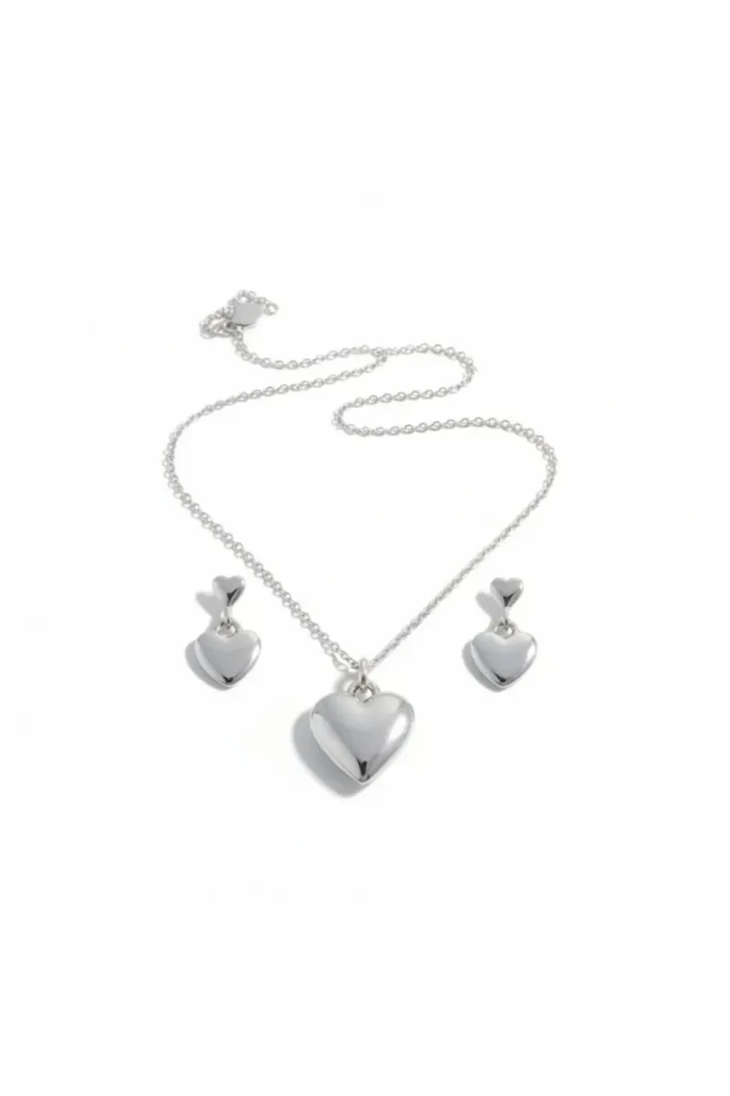 Gümüş Renk Çelik Minimal Kalp Kolye Küpe Set