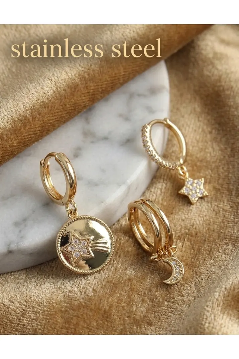 Pirinç Zirkon Taşlı Yıldız ve Ay Model Gold Renk 3'lü Küpe Set