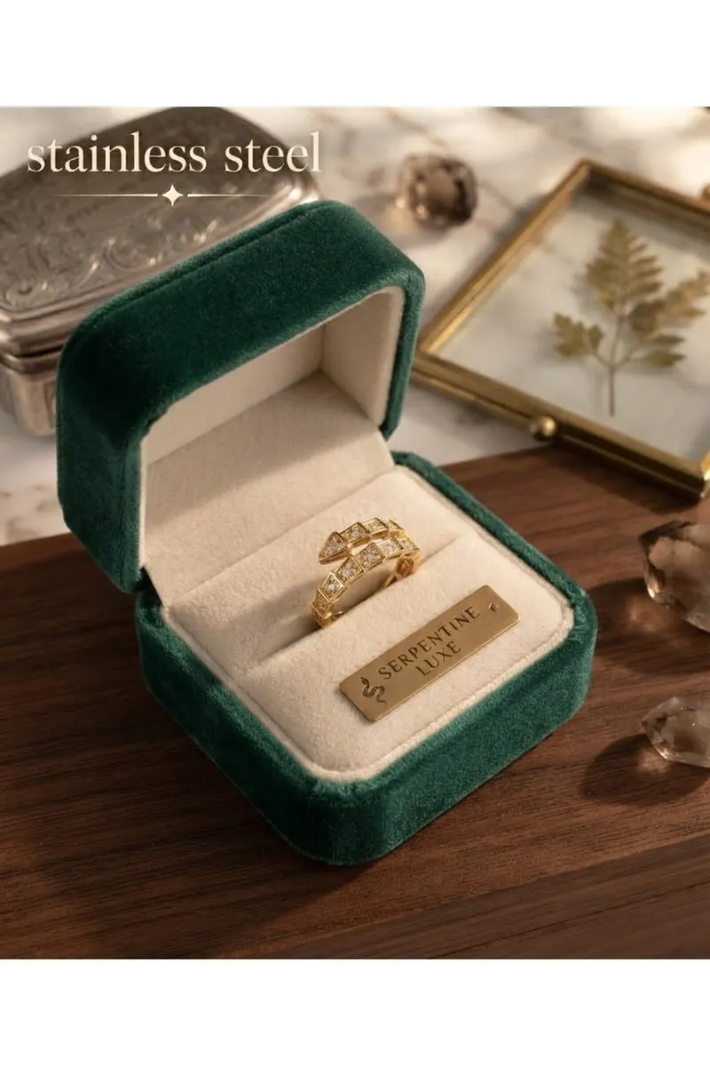 Gold Renk Zirkon Taşlı Yılan Tasarım Ayarlanabilir Çelik Yüzük