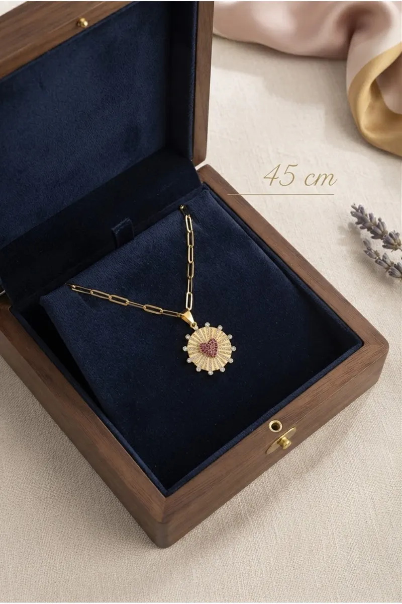 316L Çelik Zincir Gold Renk Pembe Zirkon Taşlı Kalp İşleme Madalyon Model Kolye