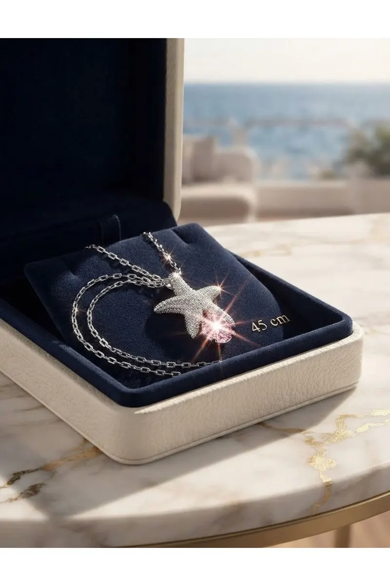 Gümüş Renk Zincirli Parlak Gül Pembe Taşlı Çelik Kolye