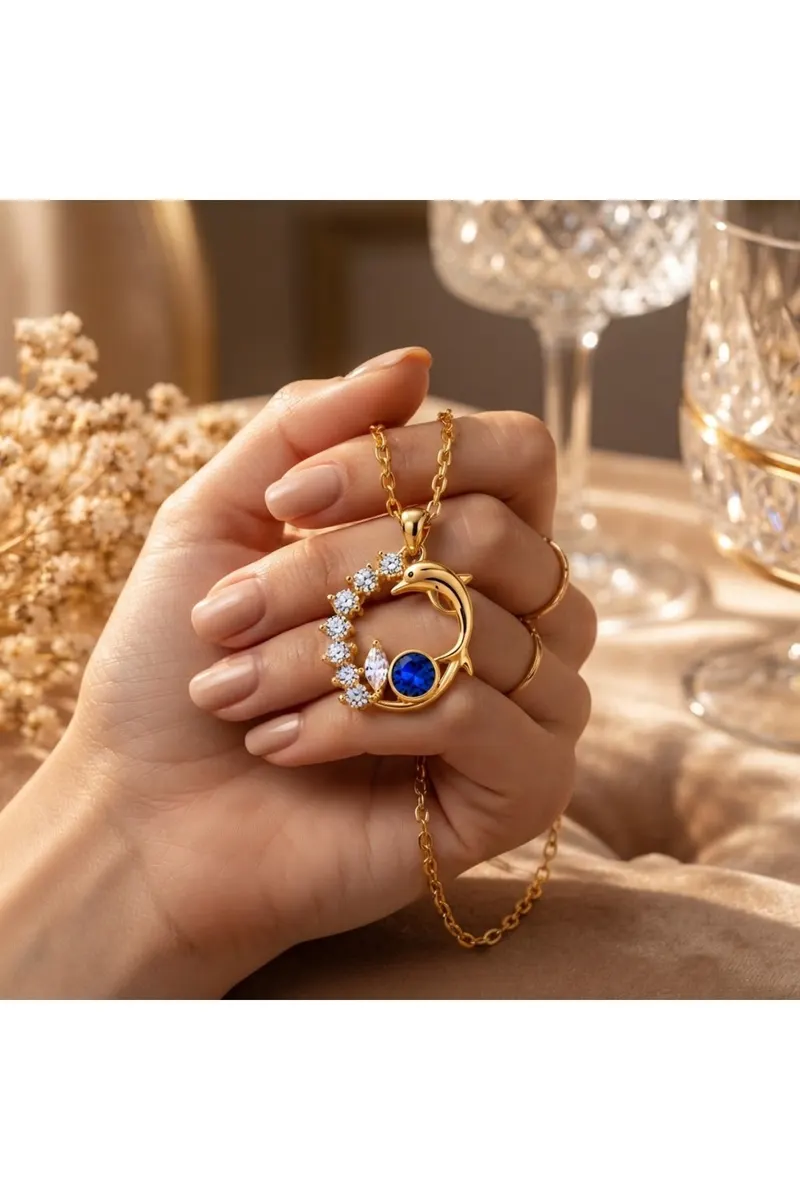 Gold Renk Yunus Yıldızlı Gökyüzü Tasarım Çelik Kolye