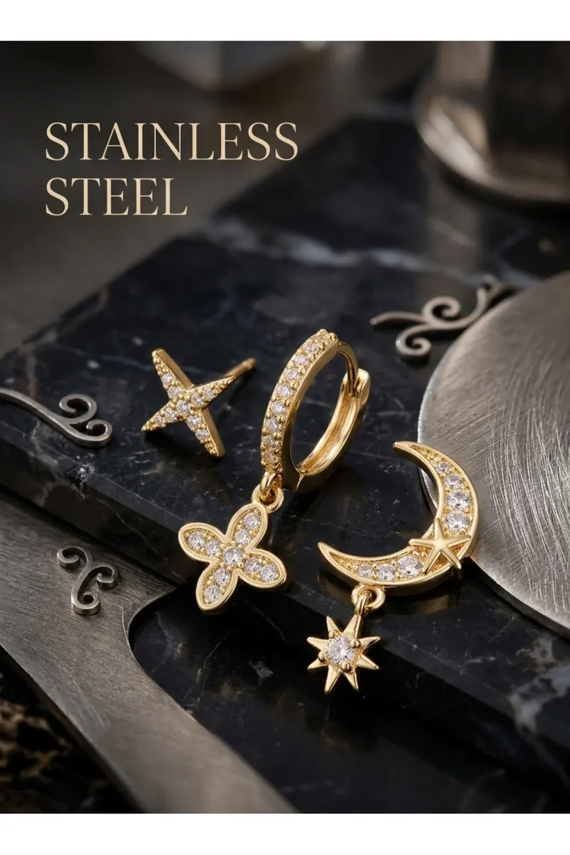 Pirinç Zirkon Taşlı Çiçek ve Ay Model Gold Renk 3'lü Küpe Set