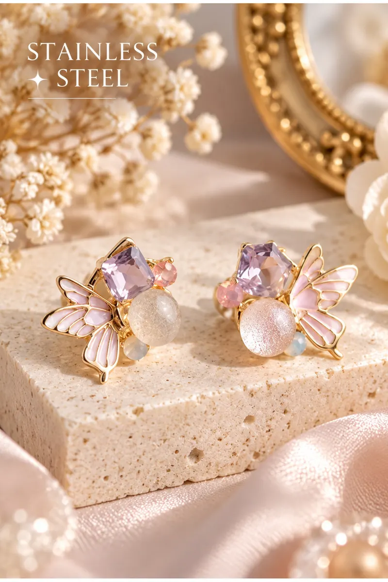 Vip Gold Mor Renk Kelebek Model Zirkon Taşlı Küpe