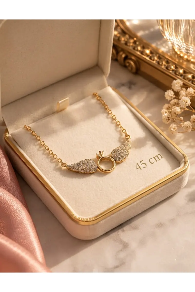 Gold Renk Zincirli Tektaş Kanat Motifli Çelik Kolye