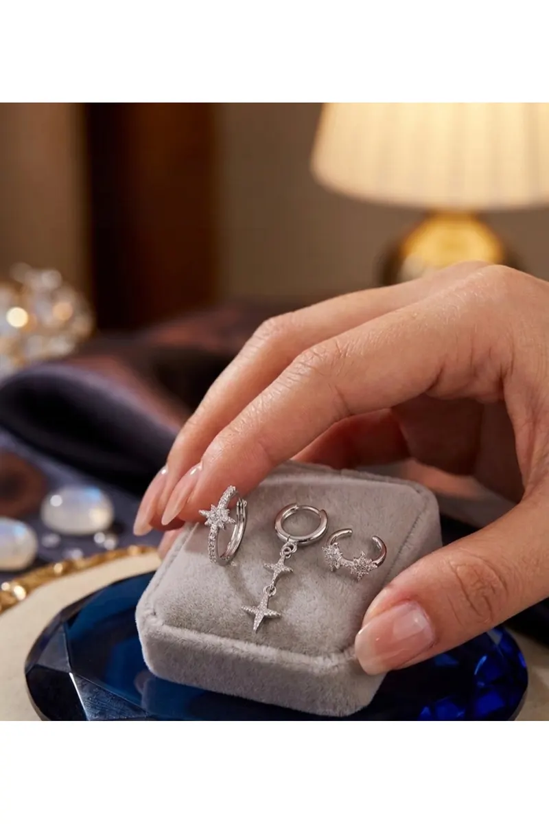 Pirinç Zirkon Taşlı Kelebek ve Sallantılı Yıldız Model Gümüş Renk 3'lü Küpe Set