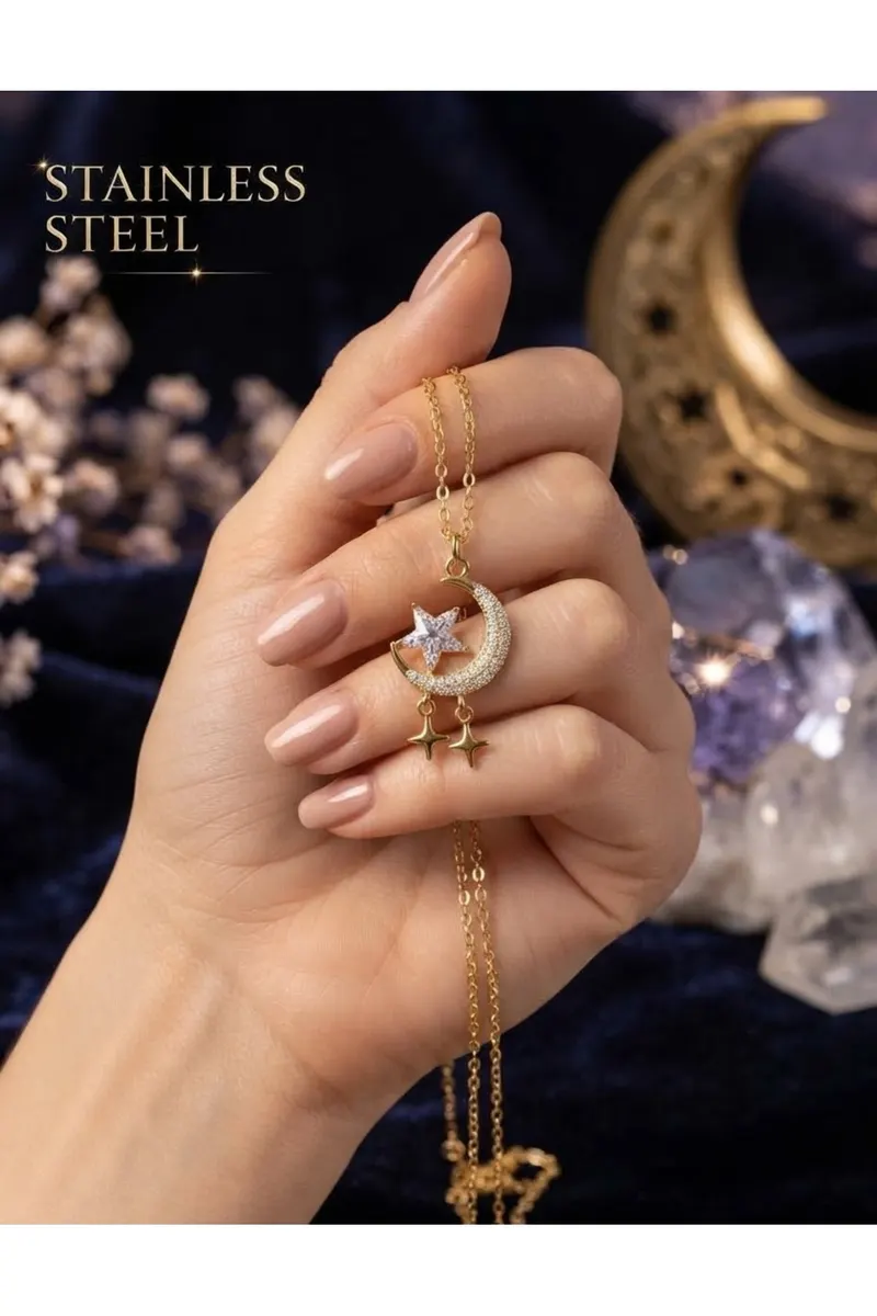 316L Çelik Zincir Gold Renk Zirkon Taşlı Hilal Yıldız Model Kolye