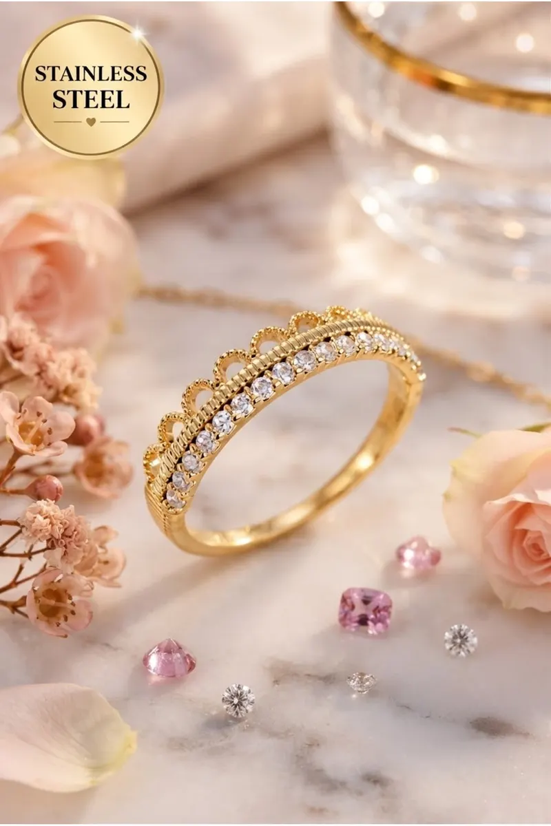 Gold Renk Motif Desenli Zirkon Taşlı Ayarlanabilir Çelik Yüzük