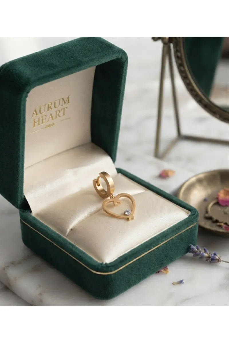 316L Çelik Gold Renk Kalp Model Zirkon Taş Detay Küpe