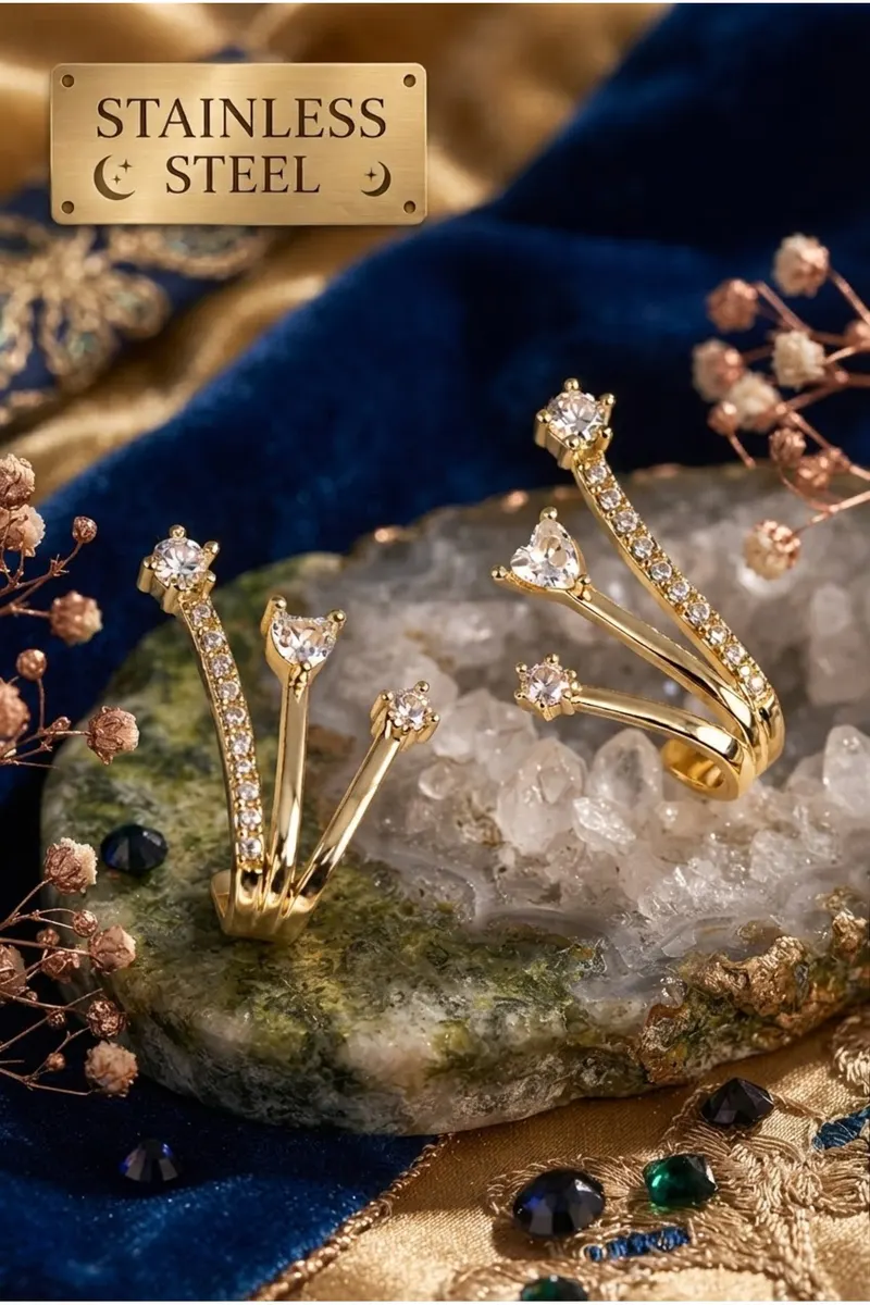Pirinç Gold Renk Zirkon Taşlı Üç Taş Model Küpe