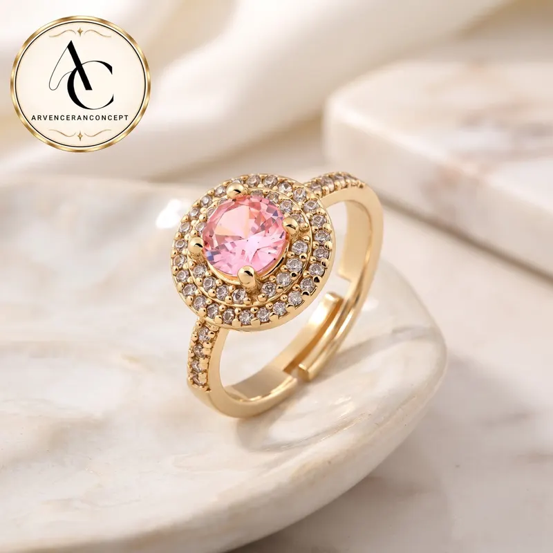 gold renk oval pembe taşlı çelik yüzük