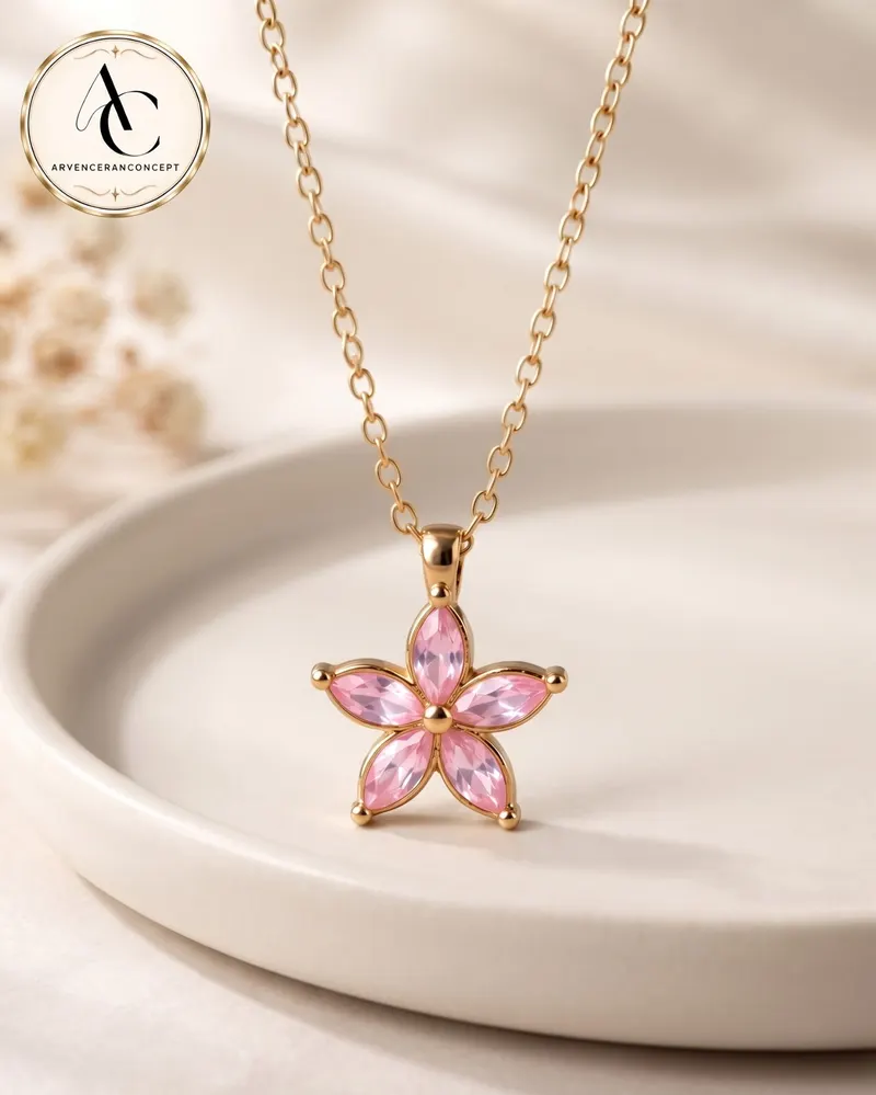 gold renk pembe taşlı çiçek figürlü kolye