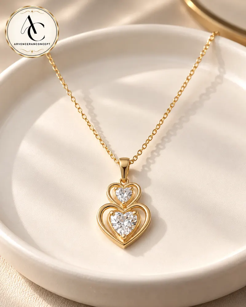 gold renk ikili büyük küçük kalp model çelik kolye