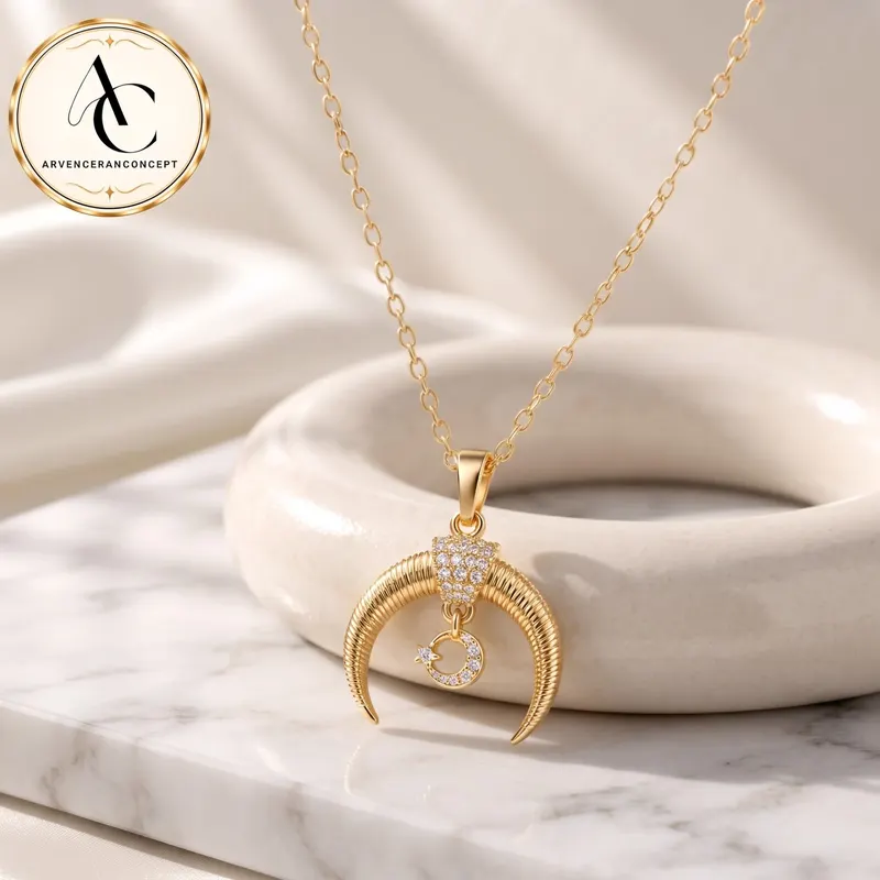 gold renk ters ay yıldız model çelik kolye