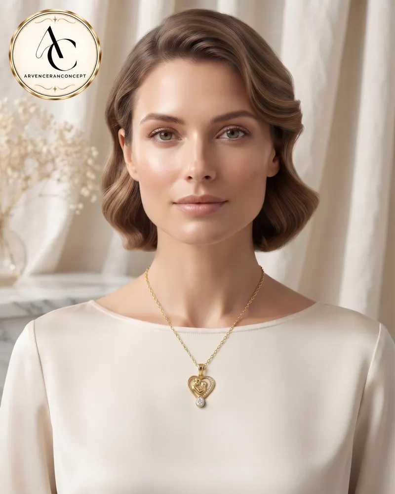 gold renk zirkon taşlı anne çocuk model çelik kolye