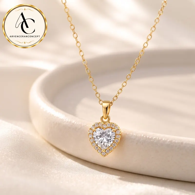 gold renk saydam taş kalp model çelik kolye