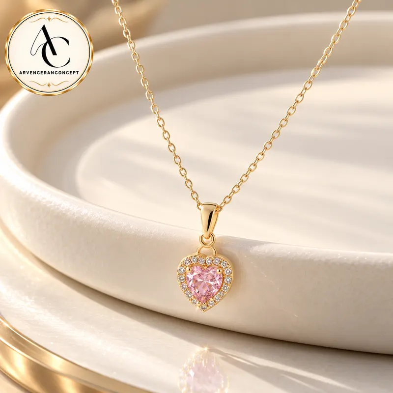 gold renk pembe taş kalp model kolye