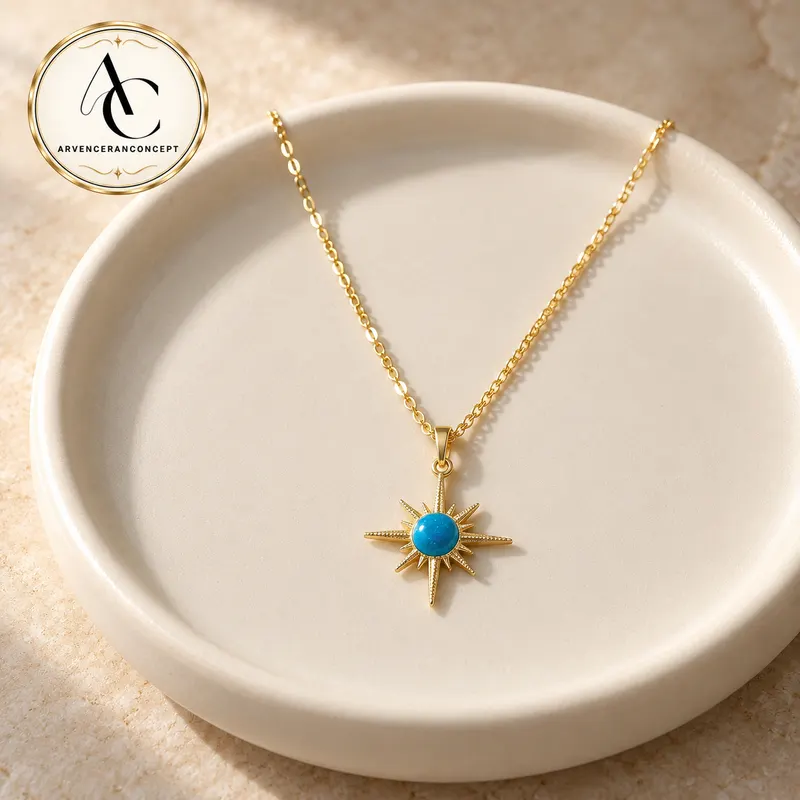 gold renk zincirli yıldız ışığı model kolye