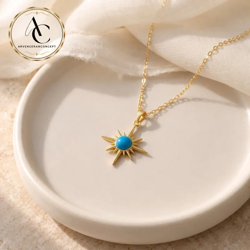 gold renk zincirli yıldız ışığı model kolye