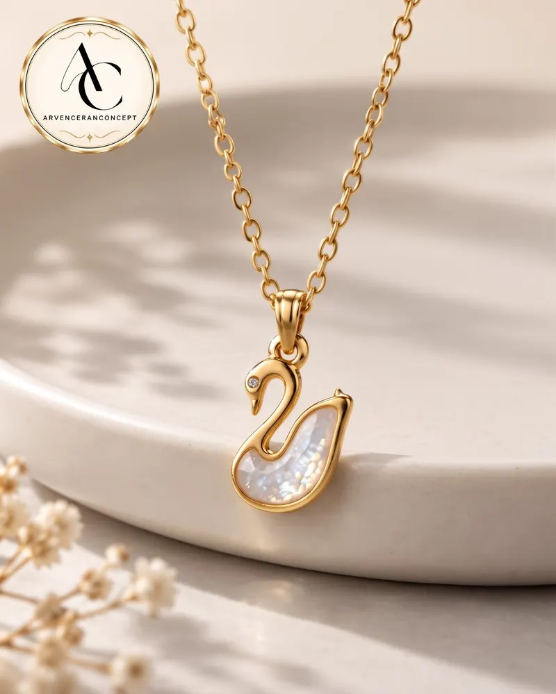 gold renk beyaz mineli kuğu figürlü kolye