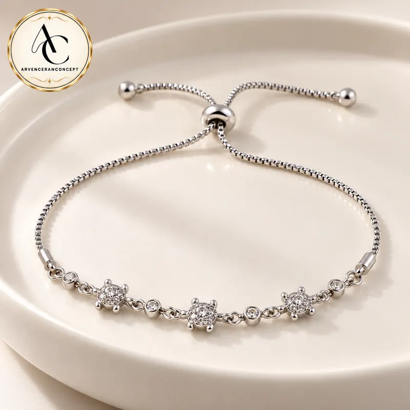 gümüş renk zirkon taşlı oval model ayarlanabilir çelik bileklik