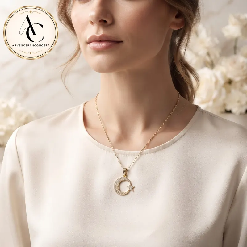 gold renk ay yıldız model çelik kolye