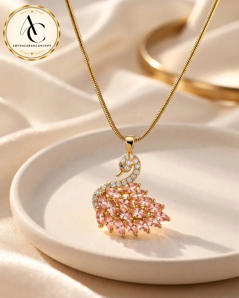 gold renk pembe zirkon taşlı çelik kolye