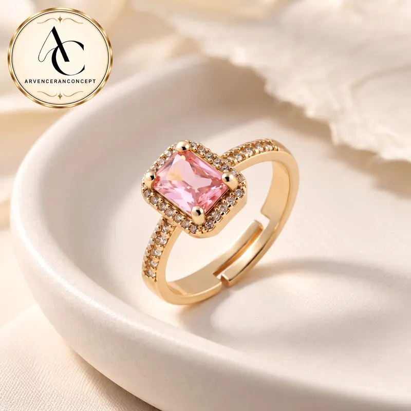 gold renk pembe kare taşlı çelik yüzük